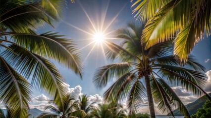 Fototapeta premium Beautiful summer seasonal background sunlight on palm leaves summer landscape