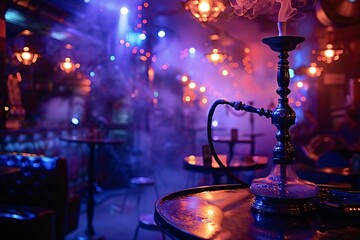 Hookah smoking in shisha lounge bar with blurred interior in background