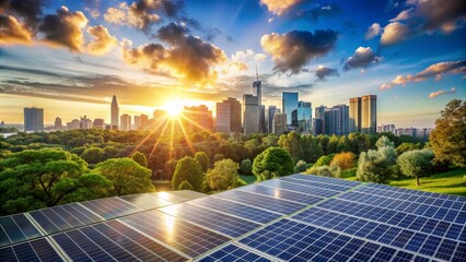 Solar Panels Powering the City Skyline at Sunset, solar power, city skyline, renewable energy, green technology