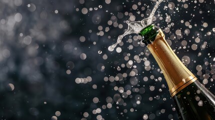 A sparkling scene of champagne with bubbles and a cork popping, symbolizing a festive and bubbly champagne explosion, banner, with copy space