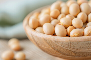 Closeup of soy beans in wooden bowl. Raw organic vegetarian protein food diet nutrition seed, healthy whole grain vegan ingredient. Photo