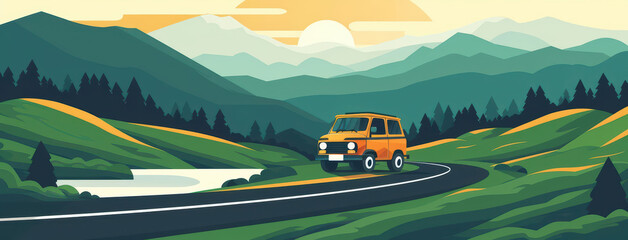 A vibrant depiction of a summer vacation road trip with a car driving along scenic routes