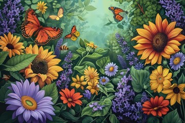 A vibrant pollinator garden scene featuring a variety of colorful flowers such as sunflowers