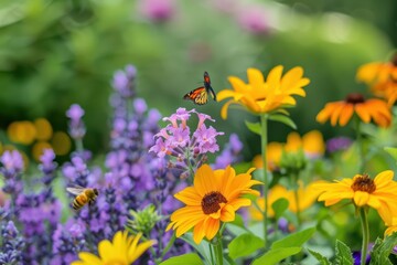 A vibrant pollinator garden scene featuring a variety of colorful flowers such as sunflowers
