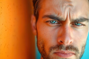Obraz premium Close-up portrait of a man with intense blue eyes, looking directly at the camera. His expression is serious and focused.