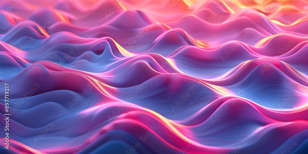 Poster a vivid and dynamic abstract wave pattern with pink, blue and orange hues creating a mesmerizing eff