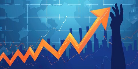 Vector illustration of a financial graph with a hand raising an orange arrow on a blue background, symbolizing market success, high detail for business posters.