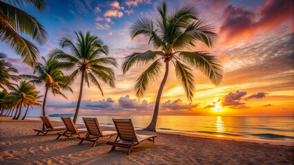 Serene tropical beach scene at sunset with empty lounge chairs and palm trees swaying gently in the breeze, symbolizing relaxation and post-work freedom.