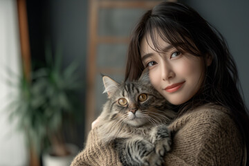 猫を抱きしめる若いアジア人女性。リビングルーム、観葉植物が背景