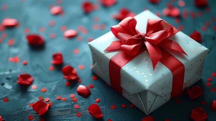 Elegantly Wrapped Gift with Red Ribbon Surrounded by Rose Petals