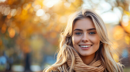 Fototapeta premium Beautiful young woman with long blonde hair wearing a scarf, smiling outdoors in autumn
