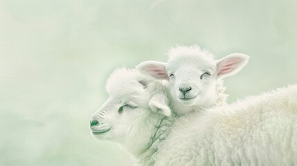 A pair of newborn lambs cuddling close to their mother, their fleece a soft, pure white, against a light green background.