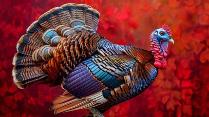Obraz premium A turkey with colorful plumage, strutting confidently with its tail feathers fanned out, against a deep red background.