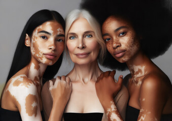 Group of multiethnic women with different kind of skin posing together in studio. Concept about body positivity and self acceptance about vitiligo