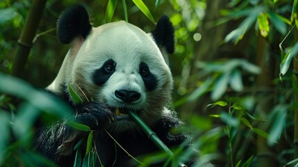 Obraz premium A giant panda chewing on a stalk of bamboo, its distinctive black and white fur contrasting against the bright green leaves.