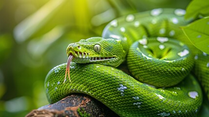 Fototapeta premium A slithering green tree python, its scales catching the light as it winds its way around a branch, its forked tongue tasting the air.
