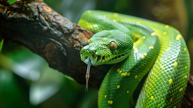 A slithering green tree python, its scales catching the light as it winds its way around a branch, its forked tongue tasting the air.