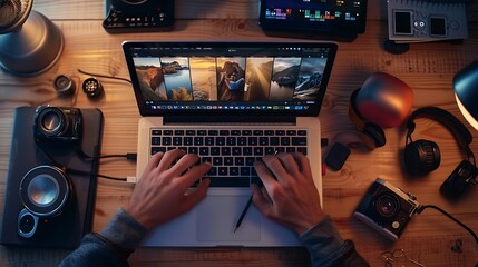 Fototapeta premium Professional Content Creator Working on Detailed Photo Retouching and Enhancing Images on a Laptop in a Stylish Office Space Equipped with Cutting Edge Editing Tools and Technology