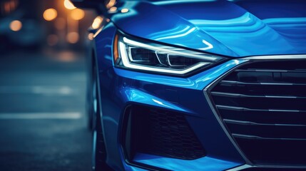 Sport car headlight closeup front view. Carwash advertising horizontal banner. Blue luxury car led headlights macro view. Modern auto detailing service. Auto cleaner advertising banner