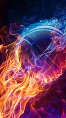 basketball in flames with smoke on dark background, sports concept