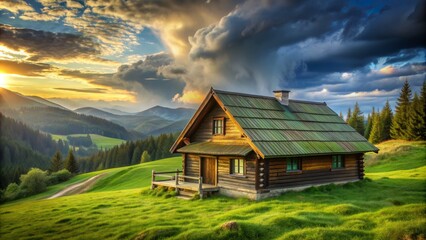 Obraz premium A Rustic Cabin Nestled in a Mountain Valley at Sunset with Green Roof and Dramatic Clouds, sunset , cabin , mountains , landscape