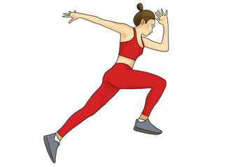 Dessin illustration femme en train de courir vite coureuse jogging sprint 100 mètres rapide cheveux attachés en pantalon et brassière rouge et basket