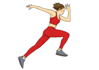 Dessin illustration femme en train de courir vite coureuse jogging sprint 100 mètres rapide cheveux courts raides bandeau en pantalon et brassière rouge et basket