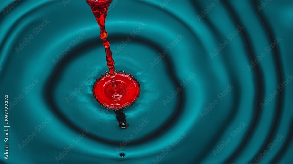 Poster a mesmerizing macro photo capturing the dynamic moment of a vibrant red liquid splashing onto a calm