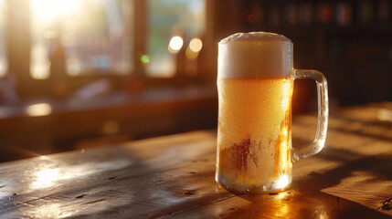 Beer mug on a wooden table with sunlight in the background, cozy pub atmosphere