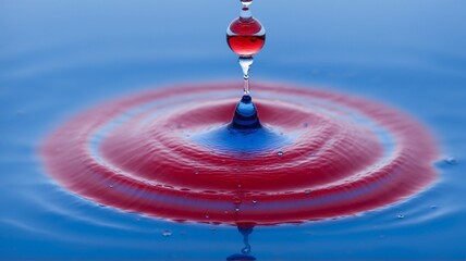 A macro shot capturing a red water droplet creating concentric circles and ripples on a serene blue water surface. 