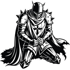 Knight kneeling with a torn coat of arms