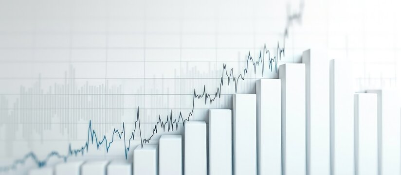 White background displaying a bar graph with a significant spike in stock values, reflecting a market boom.