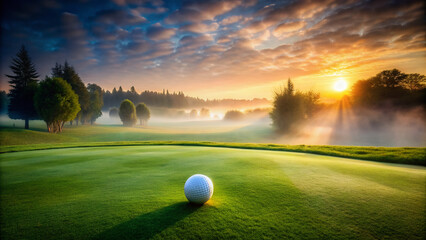 A serene landscape of a golf course at dawn, with misty fog rolling over lush green grass and a solitary golf ball resting on the edge.