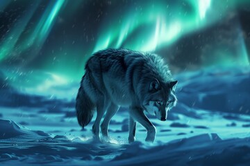Majestic wolf walking on snow under the magical northern lights, creating a breathtaking and serene winter scene.