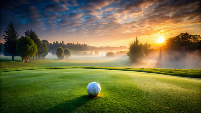 A serene landscape of a golf course at dawn, with misty fog rolling over lush green grass and a solitary golf ball resting on the edge. - Powered by Adobe