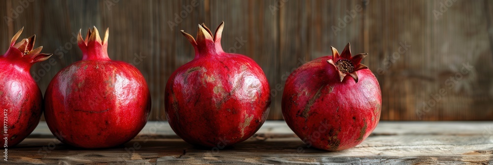 Poster four ripe pomegranates lay side-by-side on a rustic wood surface.