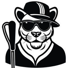 Cougar wearing a cap, sunglasses, and holding a stick