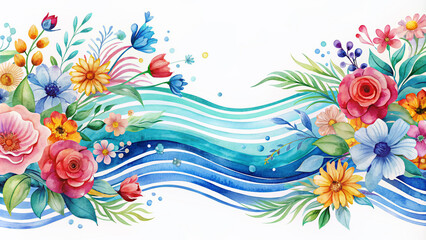 Vibrant watercolor design featuring wavy blue lines, colorful flowers, and elegant typography on a white background, perfect for a summer wedding invitation.