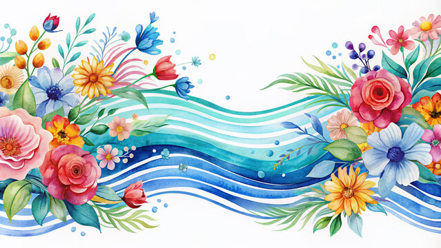 Vibrant watercolor design featuring wavy blue lines, colorful flowers, and elegant typography on a white background, perfect for a summer wedding invitation. - Powered by Adobe