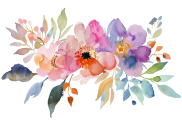 Colorful watercolor illustration of summer garden flowers isolated on transparent background