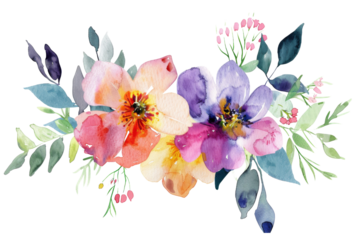 Colorful watercolor illustration of summer garden flowers isolated on transparent background