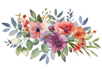 Colorful watercolor illustration of summer garden flowers isolated on transparent background