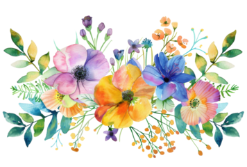 Colorful watercolor illustration of summer garden flowers isolated on transparent background