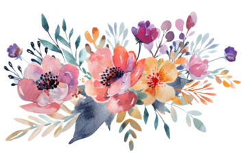 Colorful watercolor illustration of summer garden flowers isolated on transparent background