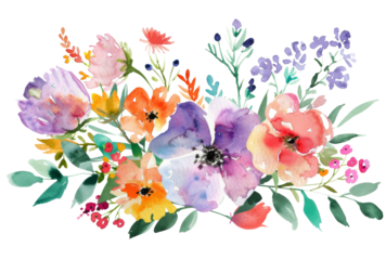 Colorful watercolor illustration of summer garden flowers isolated on transparent background