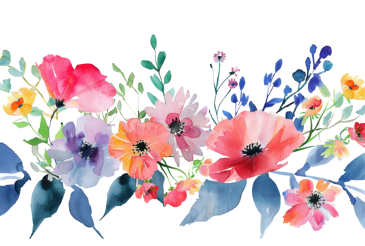 Colorful watercolor illustration of summer garden flowers isolated on transparent background