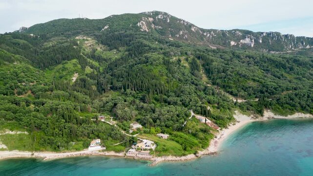 Sea coast bay, Agios Georgios Corfu Greece, drone aerial view