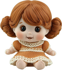 Adorable Doll with Brown Hair and Big Eyes Wearing a Beige Dress