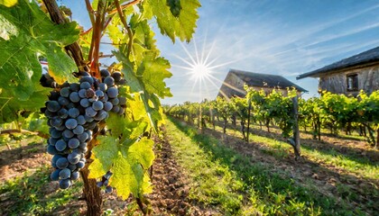 Old bushes of vine with wine grapes in the evening sunlight. beautiful rural scene, retro style country house and fine vineyard
