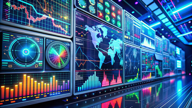 Vibrant dashboard with interactive graphs, charts, and metrics displayed on a futuristic screen, surrounded by wires, circuits, and microchips in a technological background.